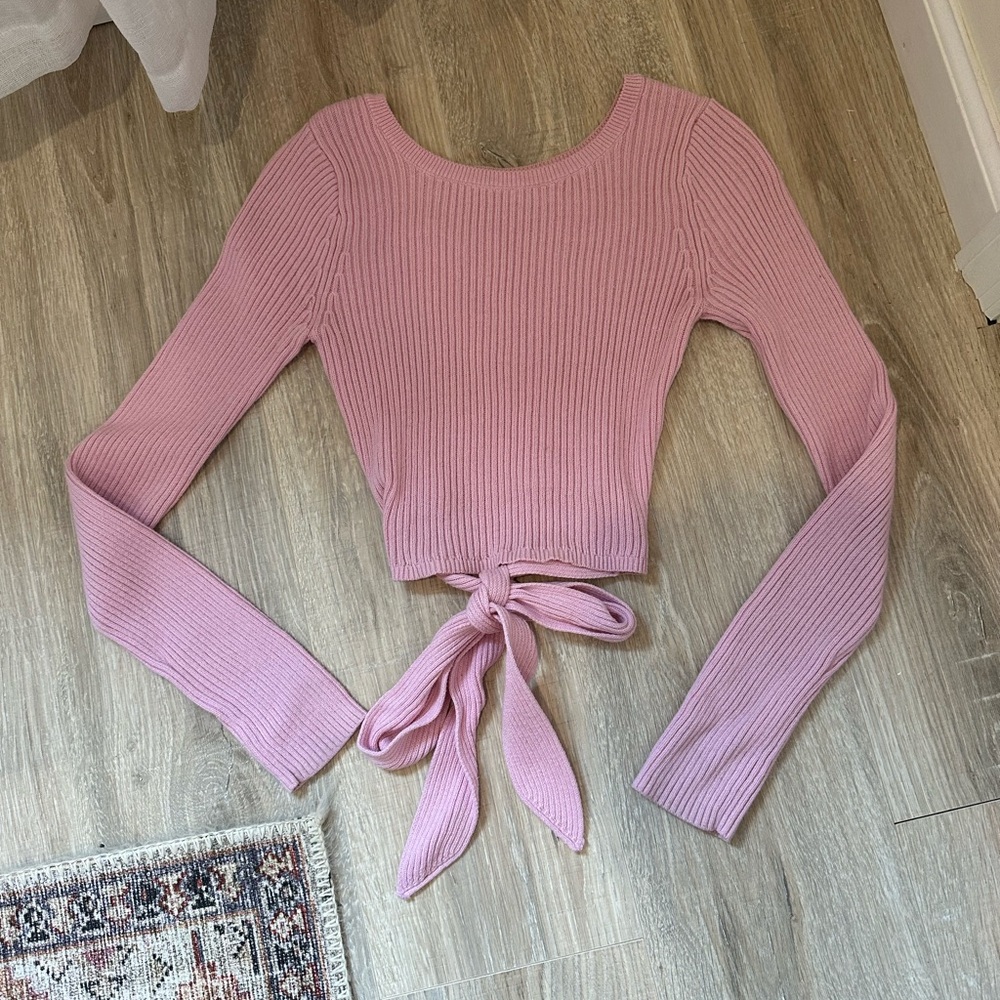 Pink Ribbed Knit Tie-Front Top - Picture 2 of 4